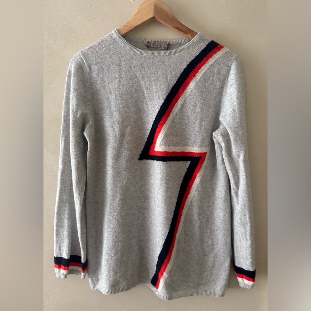 Brodie Gray 100% cashmere Sweater with Red and Blue Accents 466